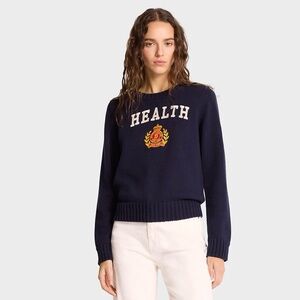 Sporty & Rich NY Health Crest Knitted Pullover Sweater Navy White Gold Medium